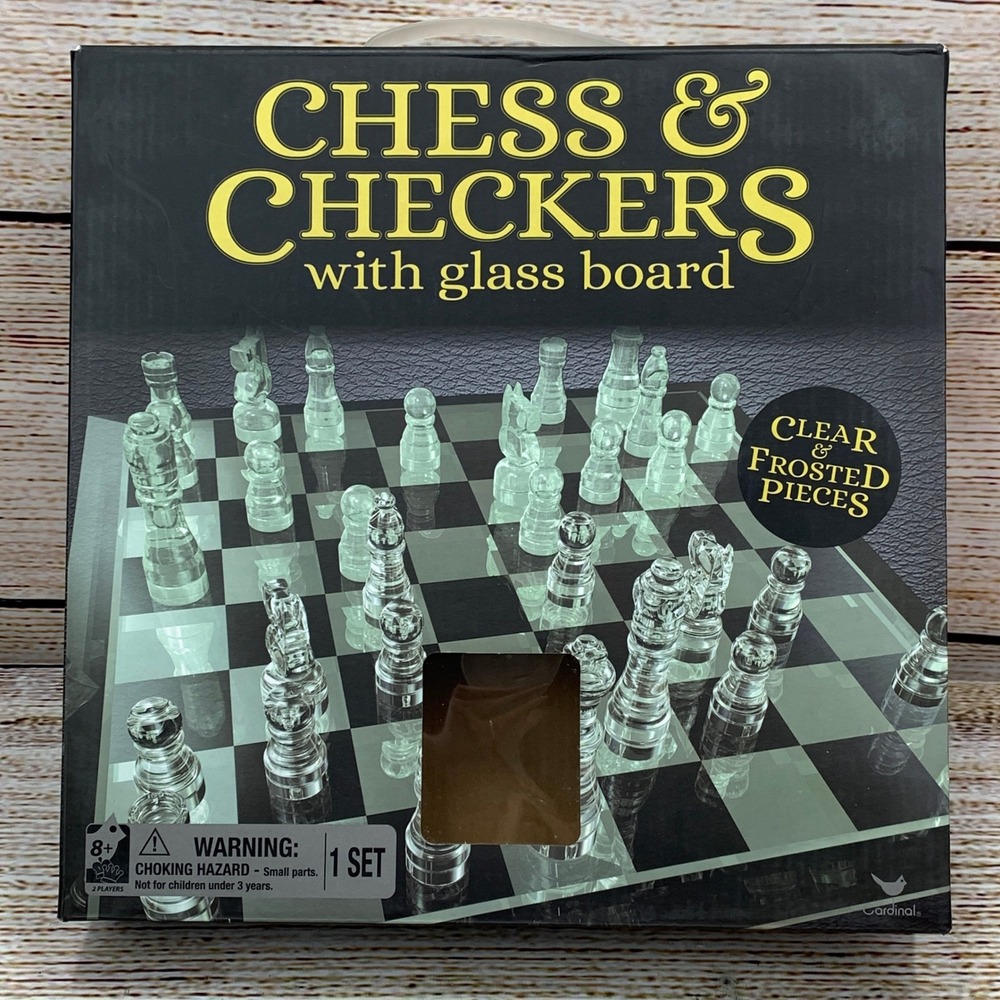 Cardinal Chess and Checkers Set Glass Board Clear Frosted Pieces 2 in 1 Unused‎